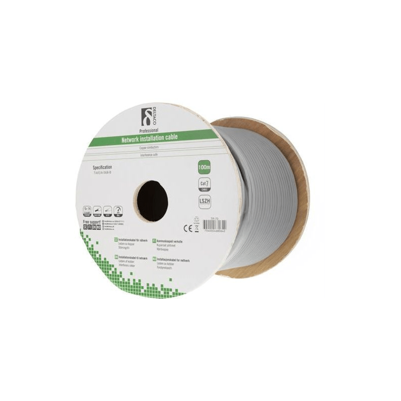 Alfaco Cat7 S/FTP-Kabel auf Rolle starrleiter 100 m grau LSZH – (Eca)